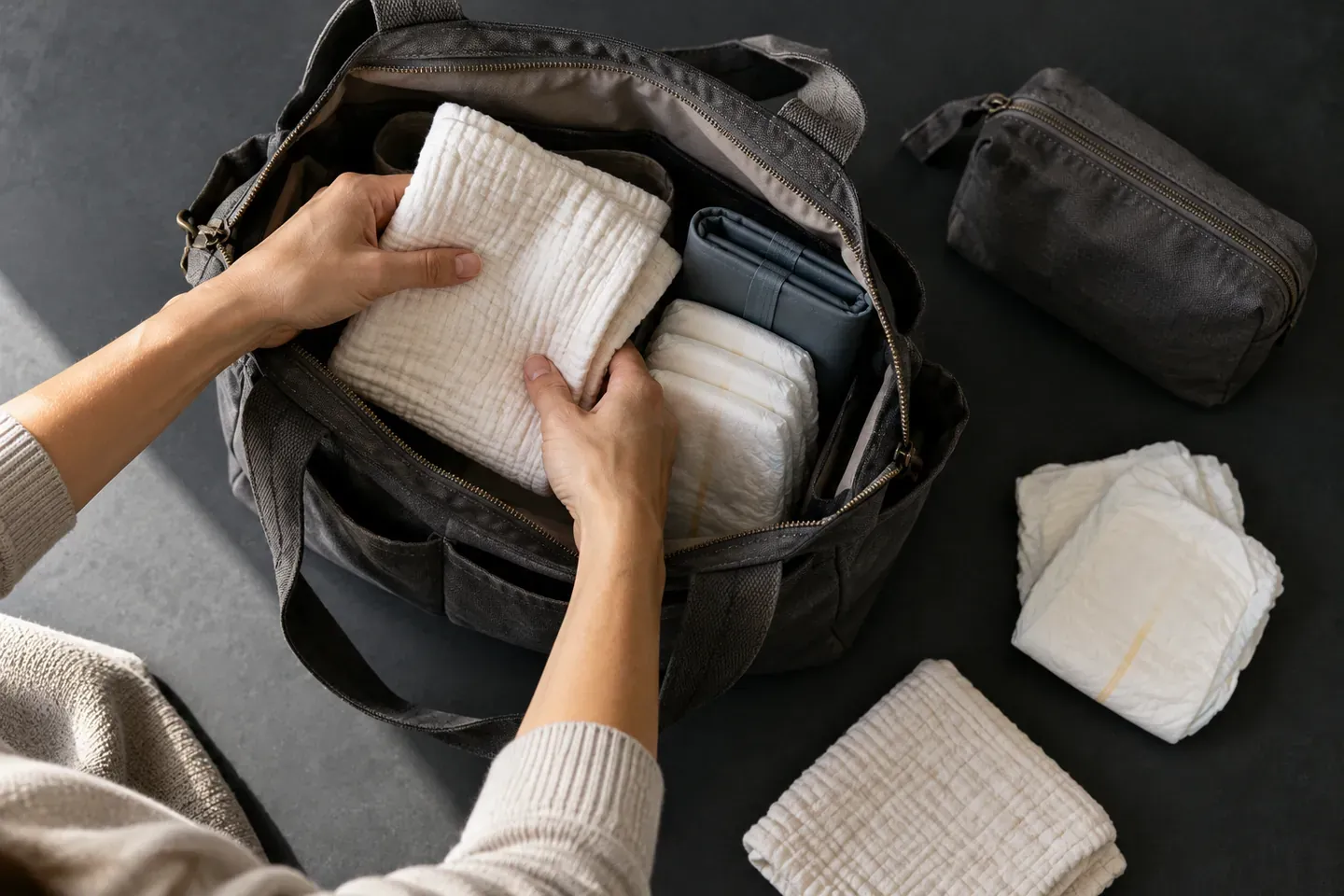 AI-generated editorial scene of adult hands packing a charcoal changing bag with a cotton cloth and generic supplies