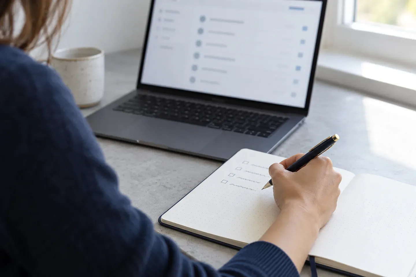 AI-generated editorial scene of an adult planning a checklist in a notebook beside a laptop