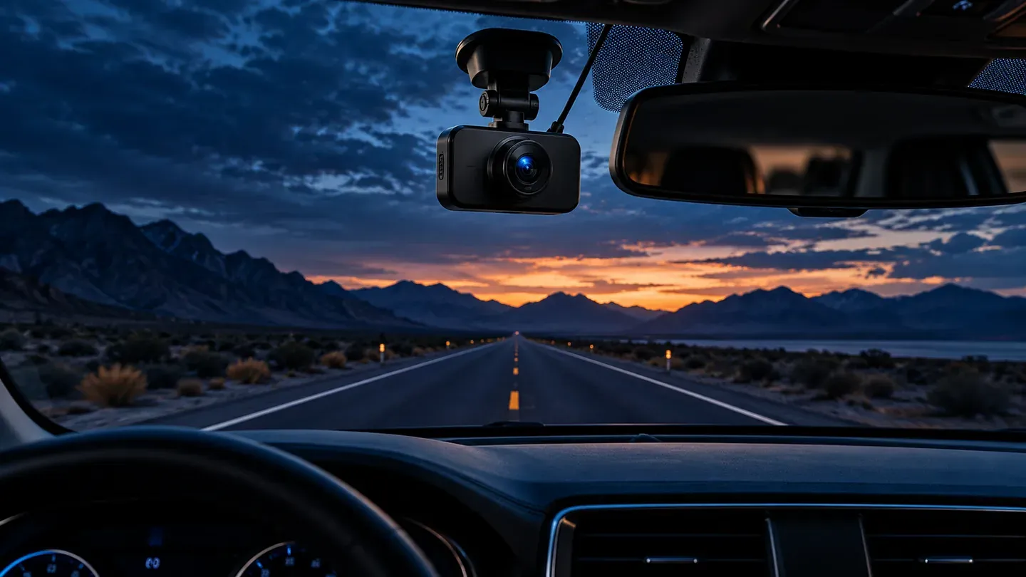 AI-generated promotional artwork of a generic dashcam beside a rear-view mirror overlooking a desert highway at dusk