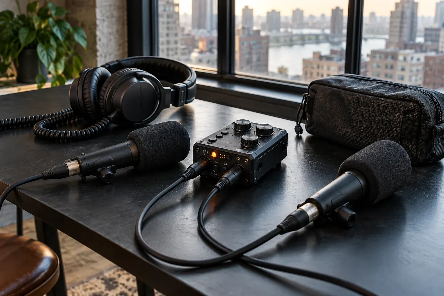 AI-generated concept of a compact podcast recorder, microphones, and headphones for interviews on location