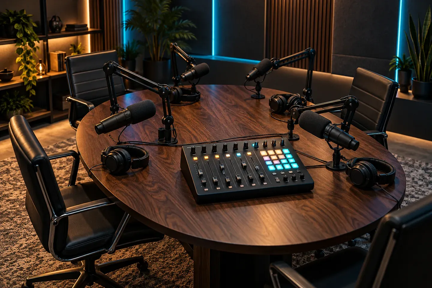 AI-generated concept of a four-person podcast studio with microphones and a generic audio console
