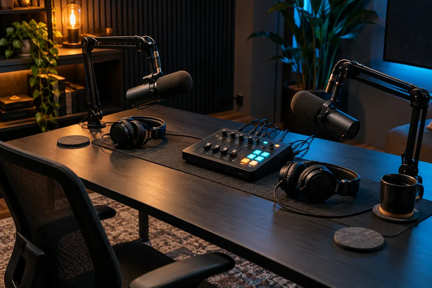 AI-generated concept of a two-person podcast desk with microphones and a generic audio console
