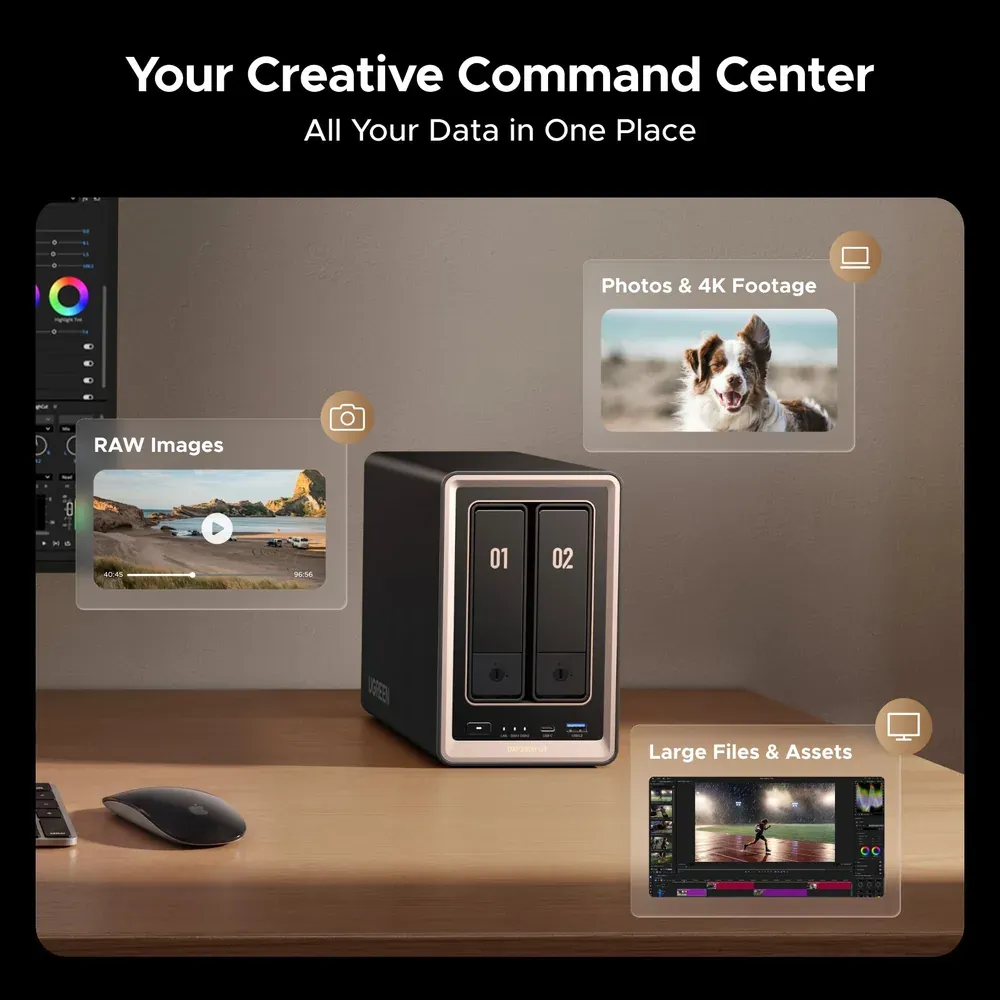 UGREEN's DXP2800 GT creative-workflow illustration showing RAW images, video footage, and media assets