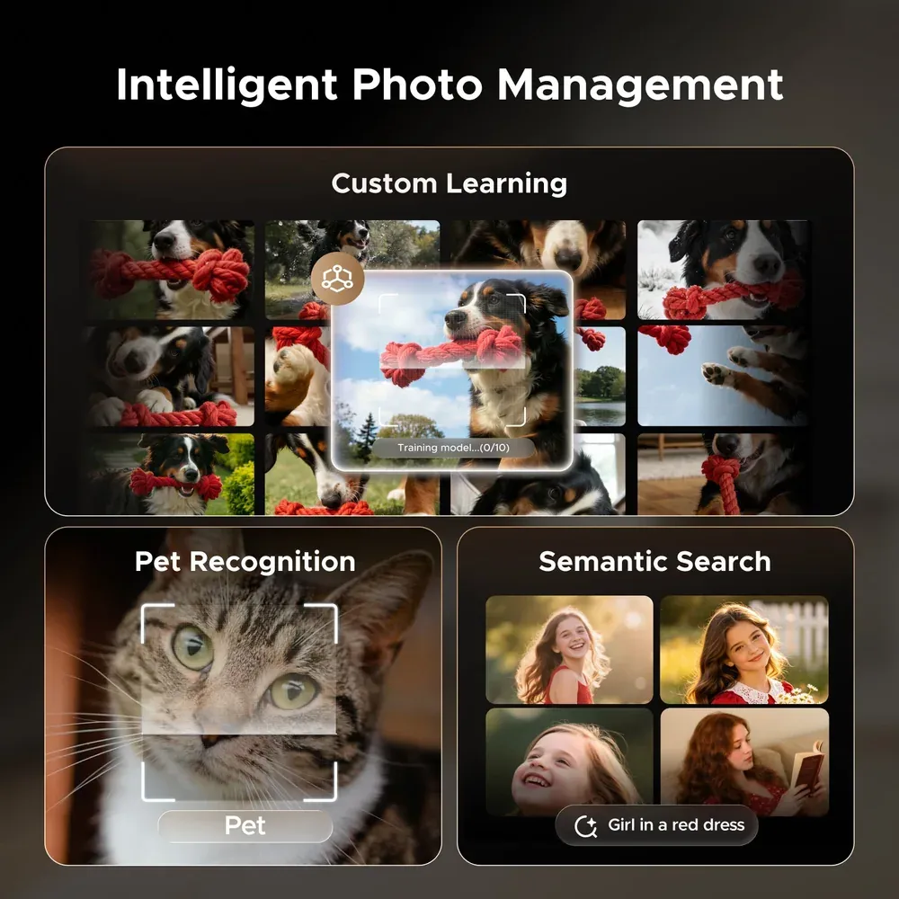 UGREEN's photo-management illustration showing custom learning, pet recognition, and semantic search examples