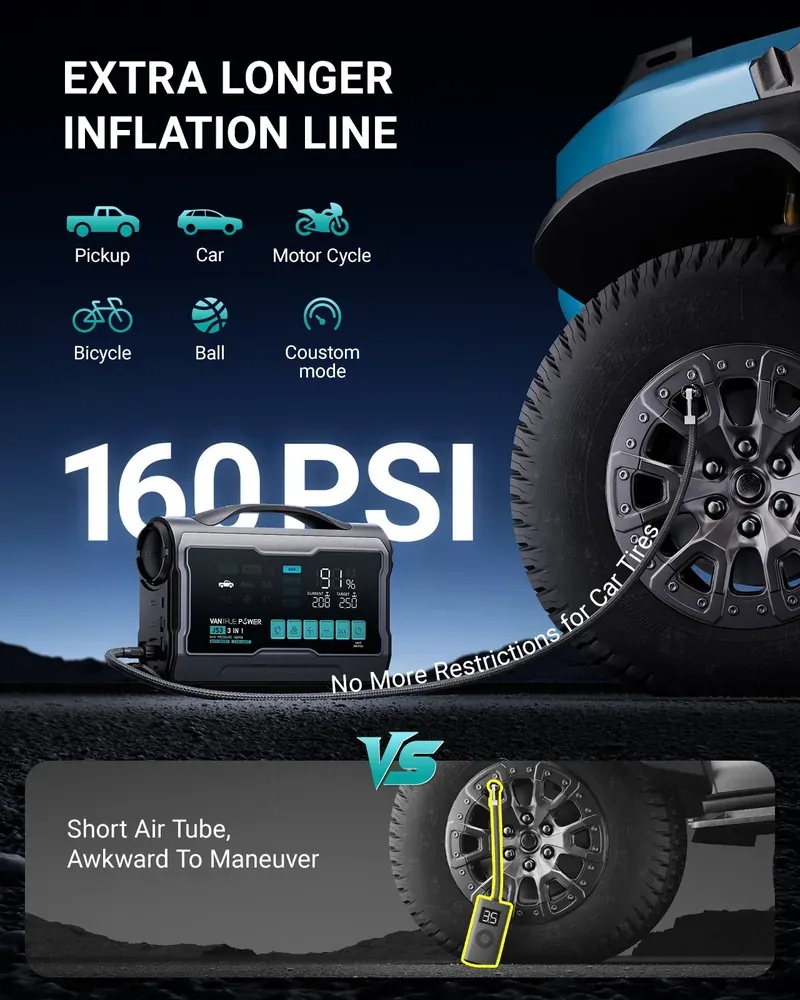 Manufacturer illustration of the Vantrue JS3 air hose, inflation presets, and maximum pressure, not a recommended tire pressure