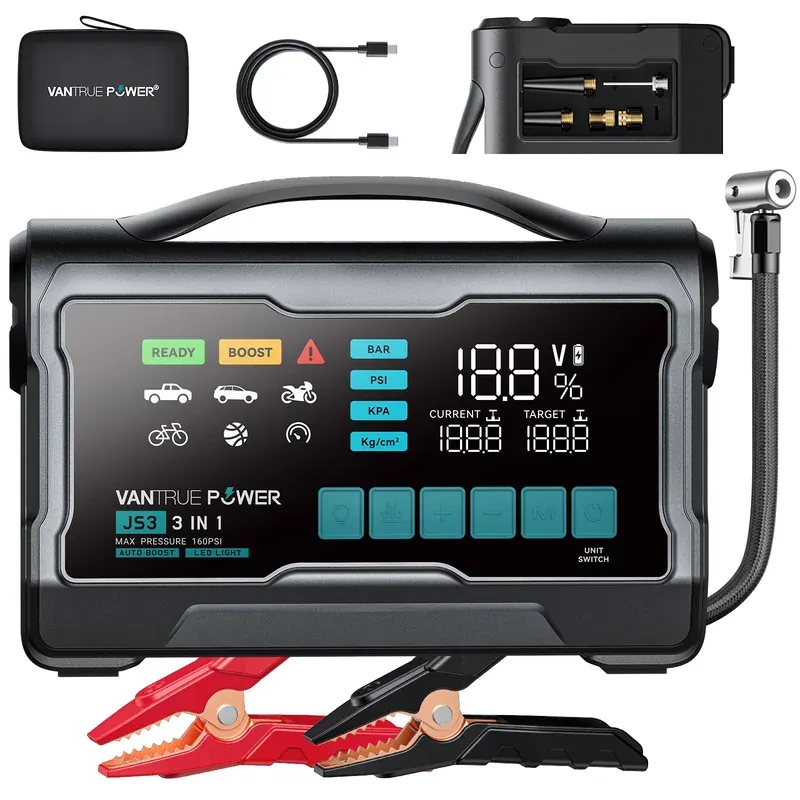 Vantrue JS3 jump starter and air compressor with its hose, clamps, case, and cable in the manufacturer's product photo