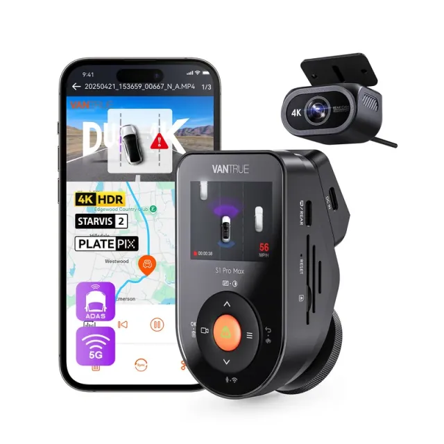Vantrue S1 Pro Max 4K front and 4K rear cameras in the manufacturer's product photo