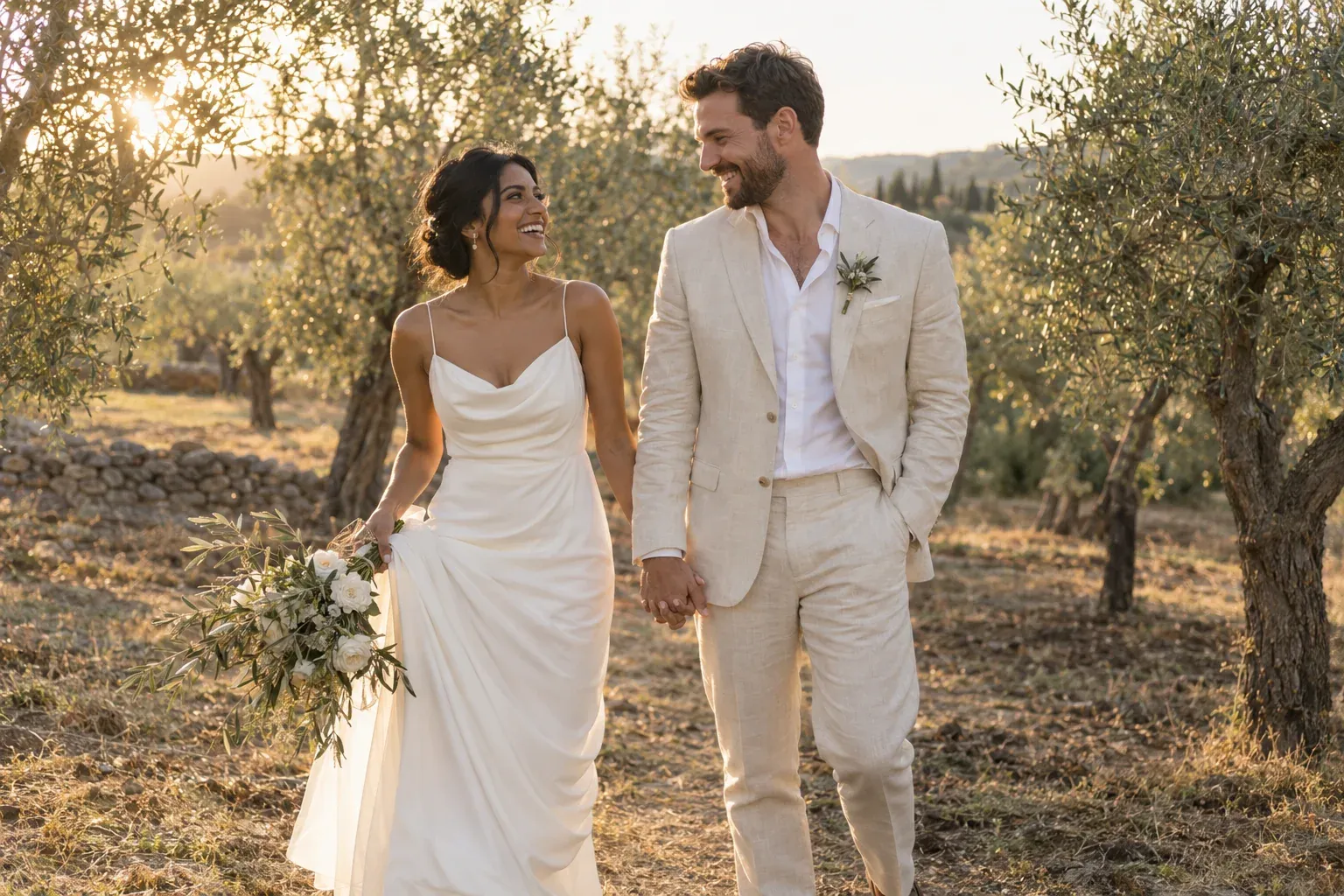 AI-generated Studio demo of an adult wedding couple walking through an olive grove